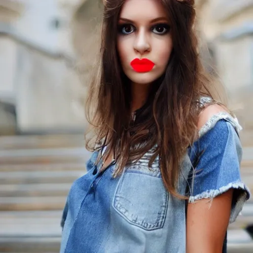 a European-American woman ,  fashionista , , full lips , large eyes , high brideged nose , great figurejeans , denim top
, 3D, 