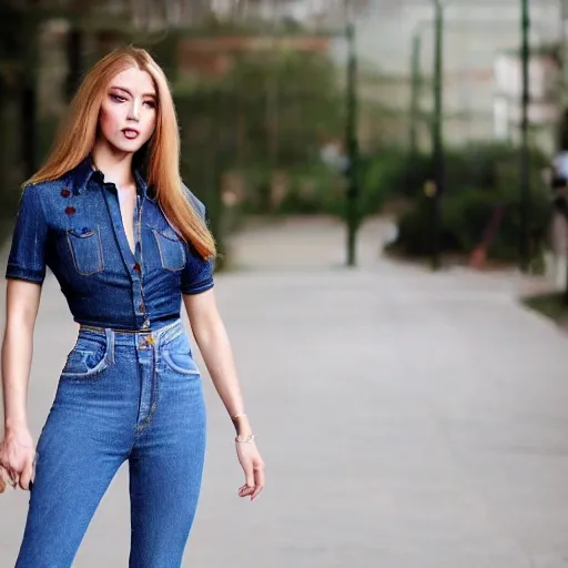 a  woman ,  a model ,fashionista , great figure,jeans , denim top, full body shot 
