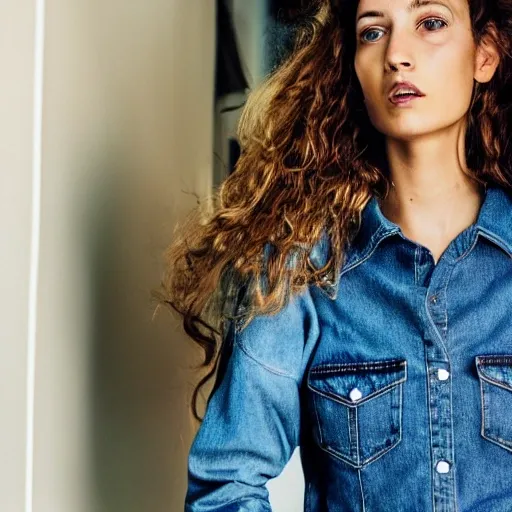 a  woman ,  a model ,fashionista ,jeans , denim top, full body shot 
