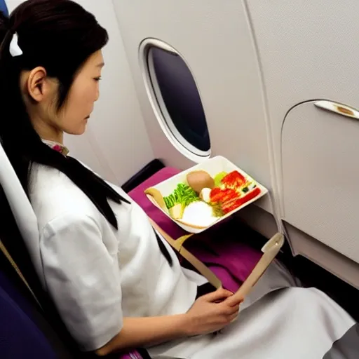 japanese woman, sitting on the plane, first class cabin, eating