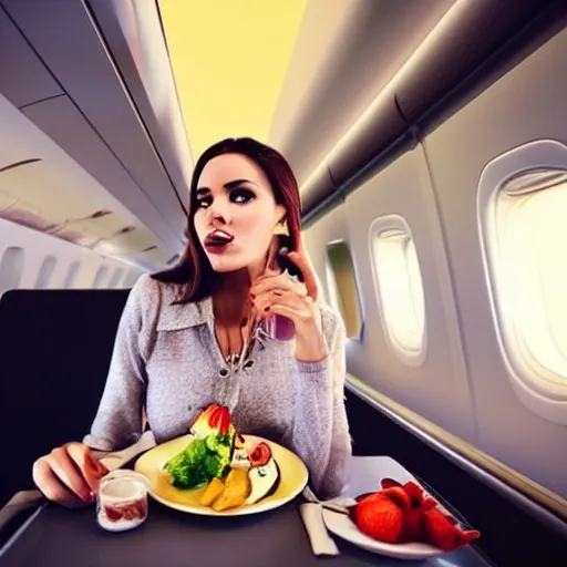 beautiful woman, sitting on the plane, first class cabin, eating ...