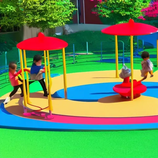 children playing in the playground, happily, peacefully, merry go round, 3D