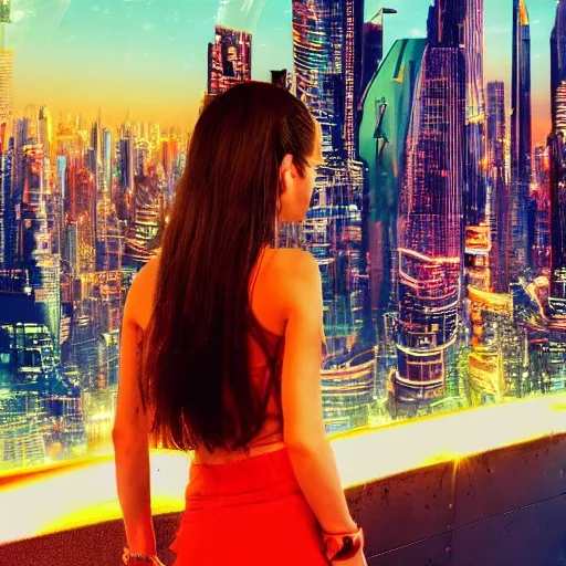 Behold a mesmerizing sight of a young woman amongst a high-tech futuristic cityscape, bursting with vibrant and extreme details." --ar 9:16 