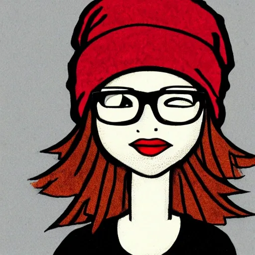 a girl with glasses wearing a red Cuff beanie, Cartoon