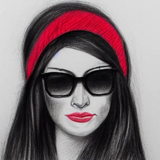 una chica hermosa de cabello largo con gafas que lleva un gorro Cuff rojo, Pencil Sketch