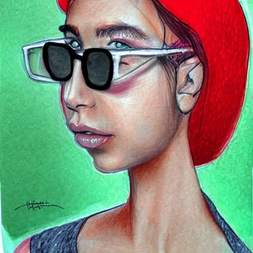 una chica hermosa de cabello largo con gafas que lleva un gorro Cuff rojo, Pencil Sketch, 3D, Cartoon, Trippy, Oil Painting, Water Color