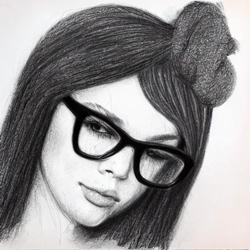 una chica hermosa de cabello largo con gafas que lleva un gorro Cuff rojo, Pencil Sketch