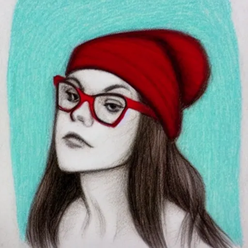 a beautiful long-haired girl with glasses wearing a red Cuff beanie, Pencil Sketch