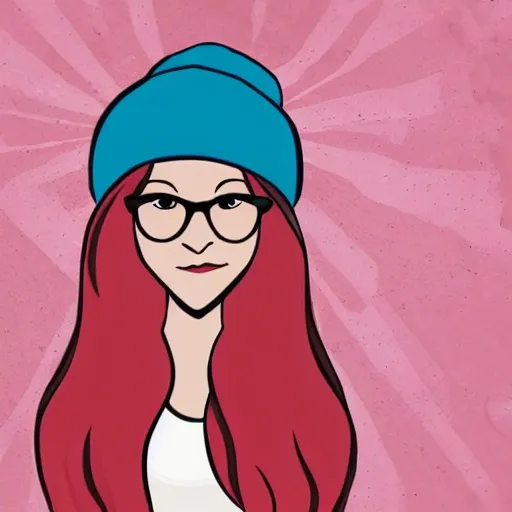 a beautiful long-haired girl with glasses wearing a red Cuff beanie, Cartoon