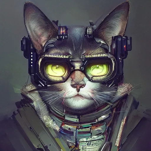 a beautiful portrait of a cute cyberpunk cat by greg rutkowski and wlop,  high key lighting, digital art, highly detailed, fine detail, intricate, ornate, complex , 3D, Trippy, Pencil Sketch