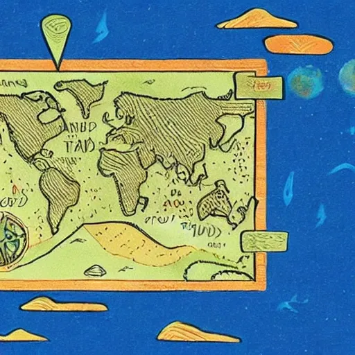 A treasure hunt map. On this map a path is drawn with a dashed line which leads to a treasure  that has the words "the world we want" written in legible letters on it