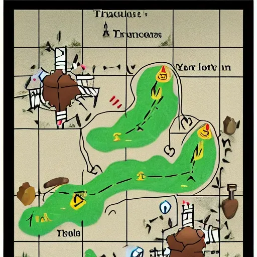 A treasure hunt map. On this map a path is drawn with a dashed line which leads to a treasure 