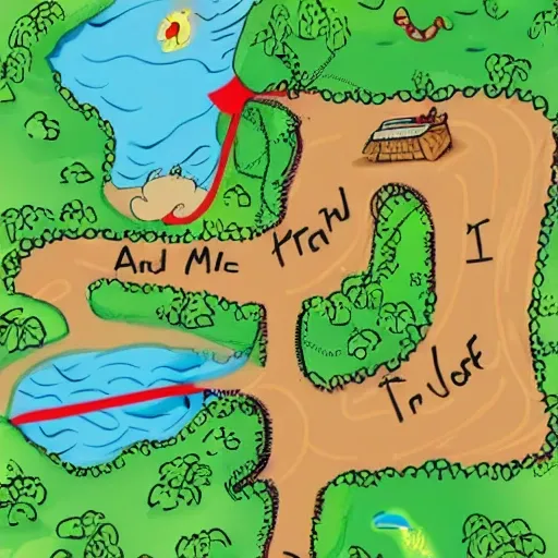 A treasure hunt map. On this map a path is drawn with a dashed line which leads to a treasure , Cartoon