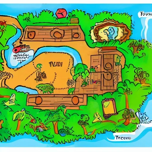 A treasure hunt map. On this map a path is drawn which leads to a treasure , Cartoon