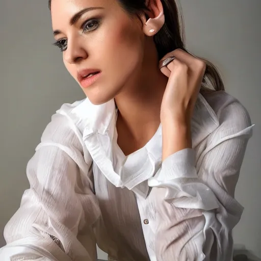 woman, fashion model,beautiful,wearing white blouse,high quality, highly detailed, majestic, digital photography