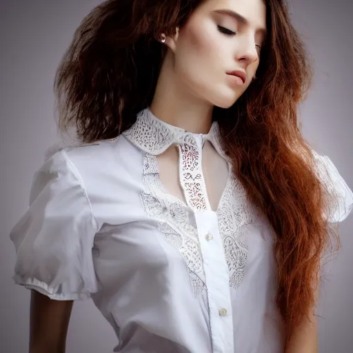 woman, fashion model,beautiful,wearing white blouse,high quality, highly detailed, majestic, digital photography, 3D