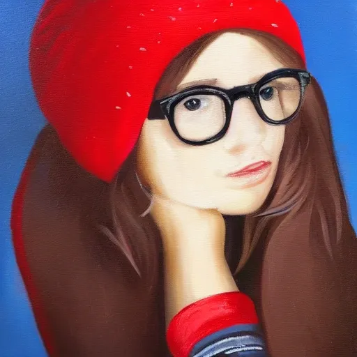 a beautiful long-haired girl with glasses wearing a red Cuff beanie, Oil Painting