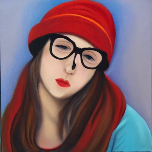 a beautiful long-haired girl with glasses wearing a red Cuff beanie, Oil Painting