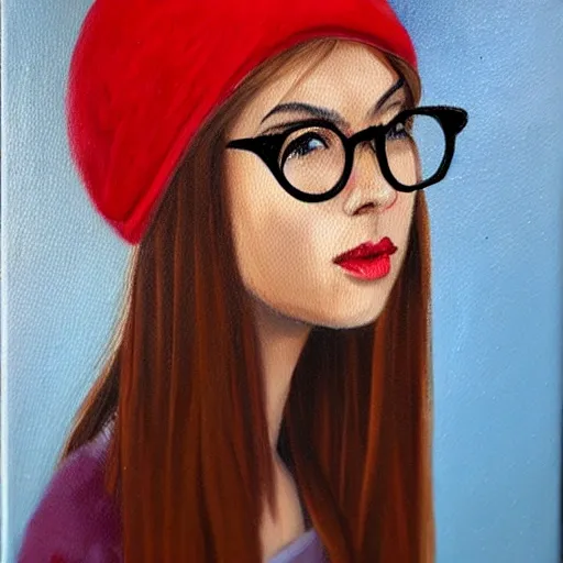 a beautiful long-haired girl with glasses wearing a red Cuff beanie, Oil Painting