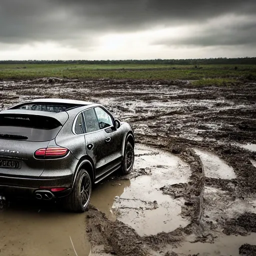 a luxury Porsche Cayenne, stuck in a patch of mud in the middle of the swamp. The vehicle is dirty and damaged, with scratches and dents everywhere. The environment is hostile and desolate, with little vegetation and few signs of life. The visual style is dark and melancholic, with a dull and lifeless color palette. The lighting is dim and lifeless, with the sun being blocked out by dark clouds. Textures are coarse and uninviting, with mud sticking to the car and wheels. Effects are heavy, with the image appearing grainy and lacking in definition. The perspective is top down, with the camera positioned above the vehicle. The camera lens is 200mm and the angle is straight, without any deviation.

