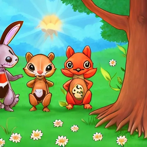 Image Prompt: Betty the Bunny, Tommy the Turtle, Sally the Squirrel, and Freddy the Fox playing together in a sunlit forest clearing, surrounded by trees and flowers.mage Prompt: The four friends gathered around a treasure map they found near the river, with their eyes wide and excited expressions on their faces.