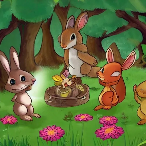 Image Prompt: Betty the Bunny, Tommy the Turtle, Sally the Squirrel, and Freddy the Fox playing together in a sunlit forest clearing, surrounded by trees and flowers.mage Prompt: The four friends gathered around a treasure map they found near the river, with their eyes wide and excited expressions on their faces., Cartoon