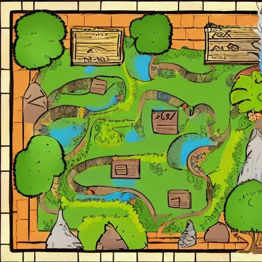 A treasure hunt map. On this map a path is drawn which leads to a large treasure chest , Cartoon