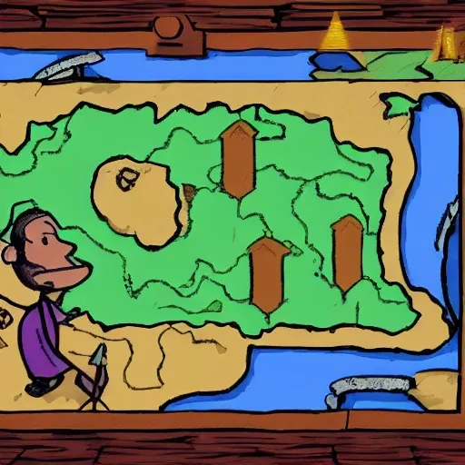 A person looking at a  treasure hunt map. On this map a path is drawn which leads to a large treasure chest , Cartoon