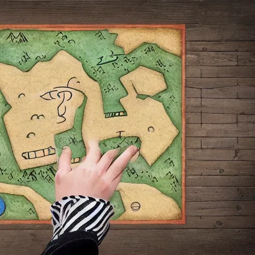 A person looking holding a  treasure hunt map. On this map a path is drawn which leads to a large treasure chest , Cartoon