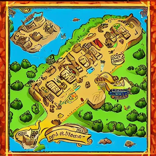 A person looking holding a  treasure hunt map. On this map a path is drawn which leads to a large treasure chest , marked with an X , Cartoon