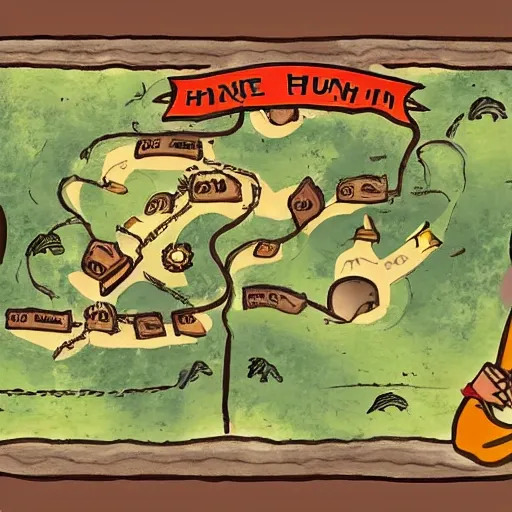 A person looking at and holding a  treasure hunt map. On this map a path is drawn which leads to a large treasure chest , marked with an X , Cartoon