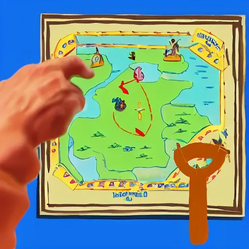 A person looking at and holding a  treasure hunt map. On this map a path is drawn which leads to a large treasure chest , marked with an X , the person´s hand can be seen pointing at the map , Cartoon