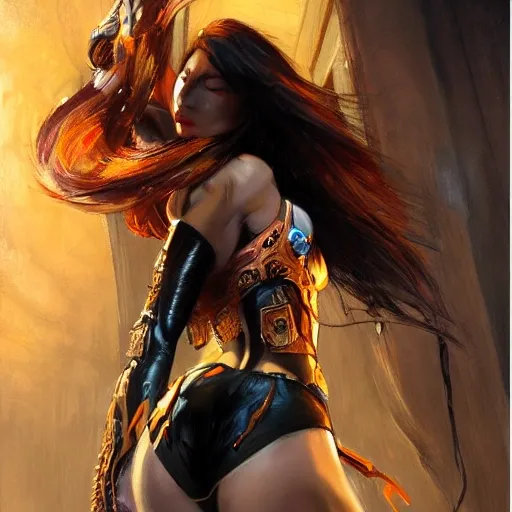 portrait full body female Latina concubine with slim curvy body painting by gaston bussiere, greg rutkowski, yoji shinkawa, yoshitaka amano, tsutomu nihei, donato giancola, tim hildebrandt, oil on canvas, trending on artstation, featured on pixiv, cinematic composition, extreme detail, metahuman creator ,(best quality:1.4), ((masterpiece)),((realistic)), (detailed), Negative prompt: paintings, sketches, (worst quality:2.0),(normal quality:2.0), (low quality:2.0), lowres, ((monochrome)), ((grayscale))(monochrome:1.1), (shota:1.5), ((disfigured)), ((bad art)),((NSFW)), bad-hands-5, Steps: 20, Sampler: DDIM, CFG scale: 7, Seed: 4141018083, Size: 512x768, Model hash: 32c4949218, Model: V08_V08, Denoising strength: 0.5, ENSD: 31337, Hires upscale: 2, Hires steps: 20, Hires upscaler: 4x-UltraSharp, Oil Painting, Cartoon