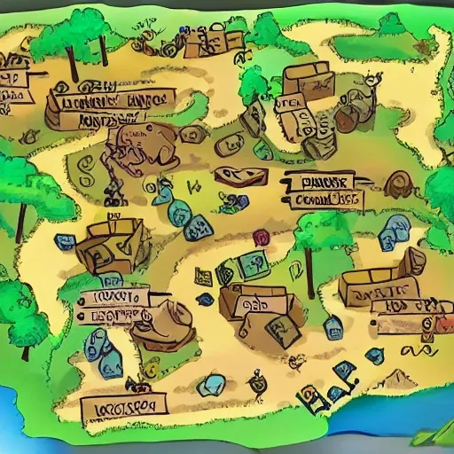 A person looking at and holding a  treasure hunt map. On this map a path is drawn which leads to a large treasure chest , marked with an X , the person can be seen pointing at the map , Cartoon
