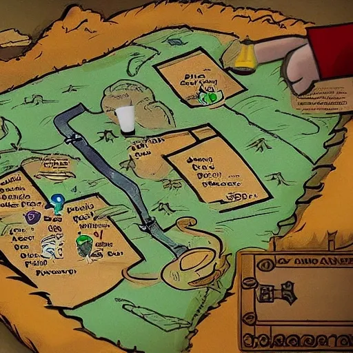 A person looking at and holding a  treasure hunt map. On this map you can only see two things : 1) a path drawn which leads to 2) a large treasure chest , marked with an X , the person can be seen pointing at the map , Cartoon