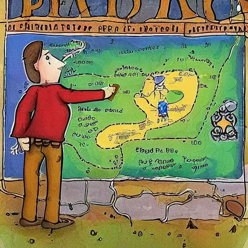 A person looking at and holding a  treasure hunt map. On this map you can only see two things : 1) a path drawn which leads to 2) a large treasure chest , marked with an X , the person can be seen pointing at the map , Cartoon, Water Color