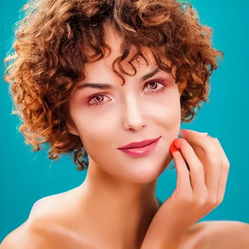 Beatifull woman dressed in a micro thong using a portvase made of wood. Short hair, curly hair, beautiful face, glossy lips, 3D photo realistic
