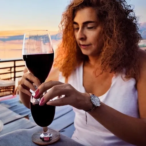 Hermosa mujer delgada, sirviendo una copa de vino, en una terraza en el atardecer, la copa esta sobre un hermoso portavasos de madera 
