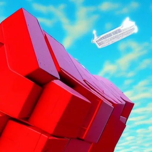 3d red Cube as a futuristic ship in de middle of the sky, Trippy ...