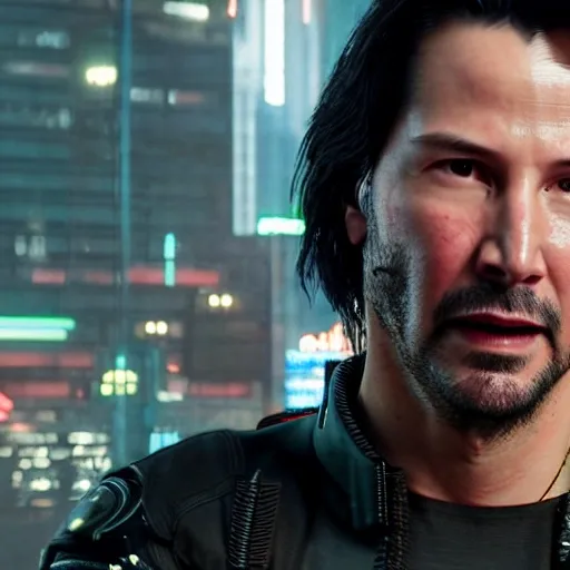 screenshot Keanu Reeves in a Cyberpunk 2077. man.  sci-fi gun. cyberpunk cityscape. UHD . 3D . 3 d rendering. unreal engine. amazing likeness. very detailed. ultra high resolution. 8k . uhd. dslr . high quality . detailed skin texture.  realistic. 70mm