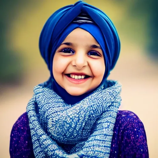 Arab little girl with a turban smiling at the camera, pexels contest winner, Hrovia, smiling young woman, her face wrapped in a white scarf, cute young girl, loosely cropped, pretty girl, headshot: 16 k