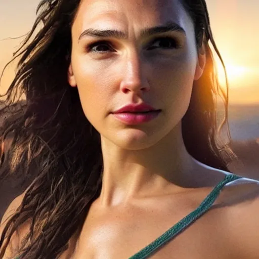 women on the beach. sunset. soft light. Gal Gadot eats a green apple. ultra realistic. UHD. 3D. very detail. beutifull face. not bad anatomy. realistic. super detailed. masterpiece. ultra high resolution. 4k uhd. dslr. high quality. detailed skin texture. inspired by Pogus Caesar