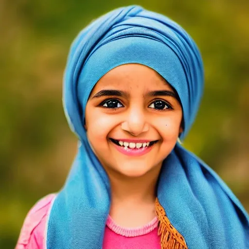 Arab little girl with a turban smiling at the camera, pexels contest winner, Hrovia, smiling young woman, her face wrapped in a white scarf, cute young girl, loosely cropped, pretty girl, headshot: 16 k, Oil Painting