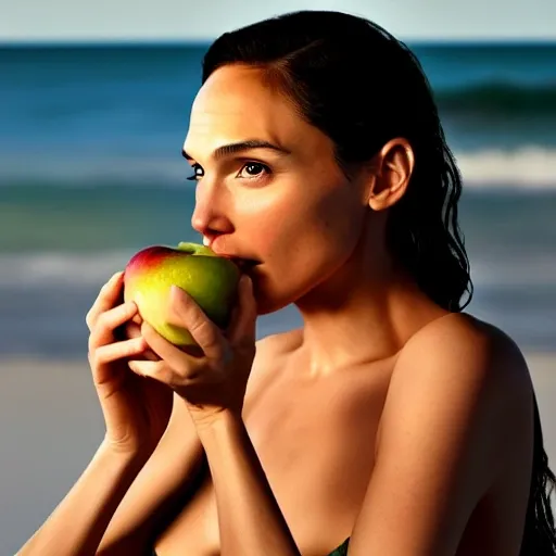 women on the beach. sunset. soft light. Gal Gadot eats an apple. ultra realistic. UHD. Gal Gadot. green apple. 3D. very detail. beutifull face. not bad anatomy. realistic. super detailed. masterpiece. ultra high resolution. 4k uhd. dslr. high quality. detailed skin texture. inspired by Pogus Caesar