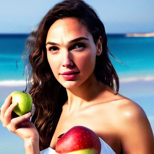 women on the beach. sunset. soft light. Gal Gadot eats an apple. ultra realistic. UHD. Gal Gadot. green apple. 3D. very detail. beutifull face. realistic. super detailed. masterpiece. ultra high resolution. 4k uhd. dslr. high quality. detailed skin texture. inspired by Pogus Caesar