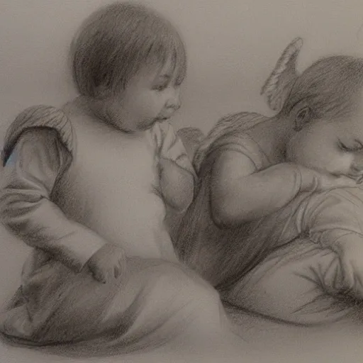 two angels taking care of a mother and two children
, Pencil Sketch