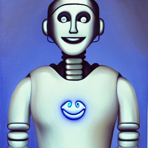 A large language model, also known as a conversational AI or chatbot, standing in front of a white background. The model is made of blue light, and it has a human-like shape. The model is smiling and looks friendly., Oil Painting