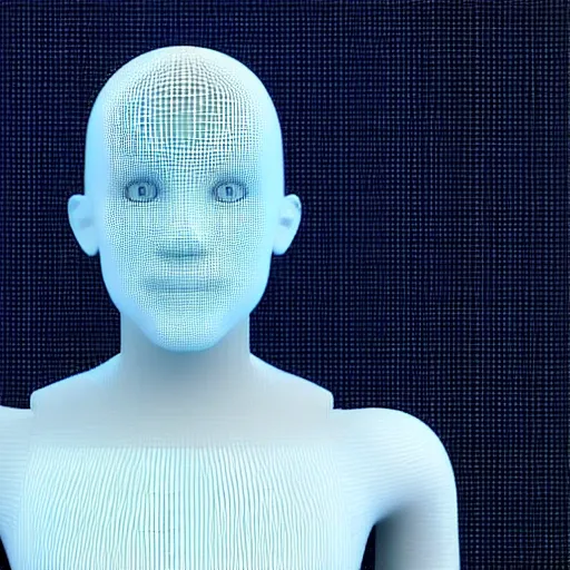 A large language model, also known as a conversational AI or chatbot, standing in front of a white background. The model is made of blue light, and it has a human-like shape. The model is smiling and looks friendly., , , 3D