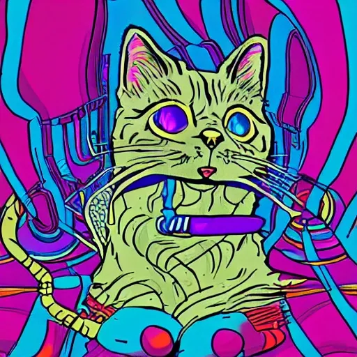 cyberpunk cat, Trippy, Cartoon