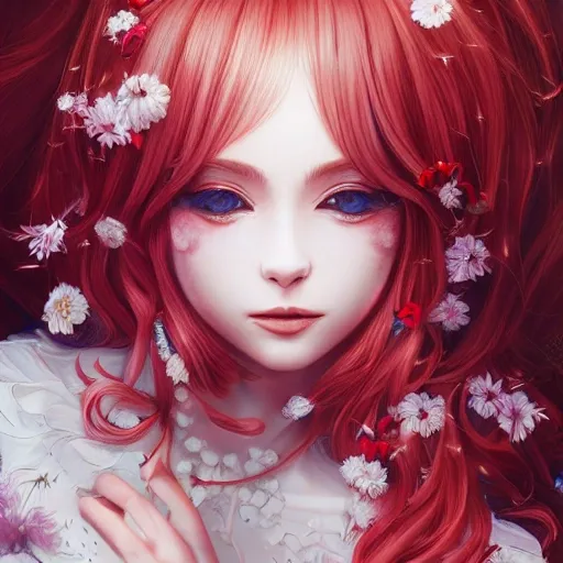 the portrait of the absurdly beautiful, graceful, elegant, gorgeous, fashionable photorealistic anime european woman made of cherries and white petals with tears, an ultrafine hyperrealistic illustration by kim jung gi, irakli nadar, intricate linework, bright colors, octopath traveler, final fantasy, unreal engine highly rendered, global illumination, radiant light, intricate environment, Cartoon